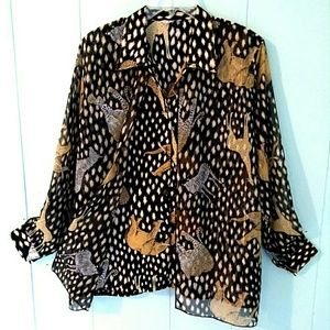 Animal Print Sheer Blouse - Black and Tan